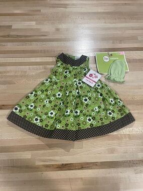Carter's Green Floral Dress with Brown Polka Dot Trim and Matching Mittens